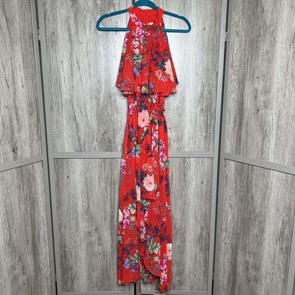 Eliza J Dress High Low Halter Top Red Color Floral Print Size 4 - Picture 2 of 8
